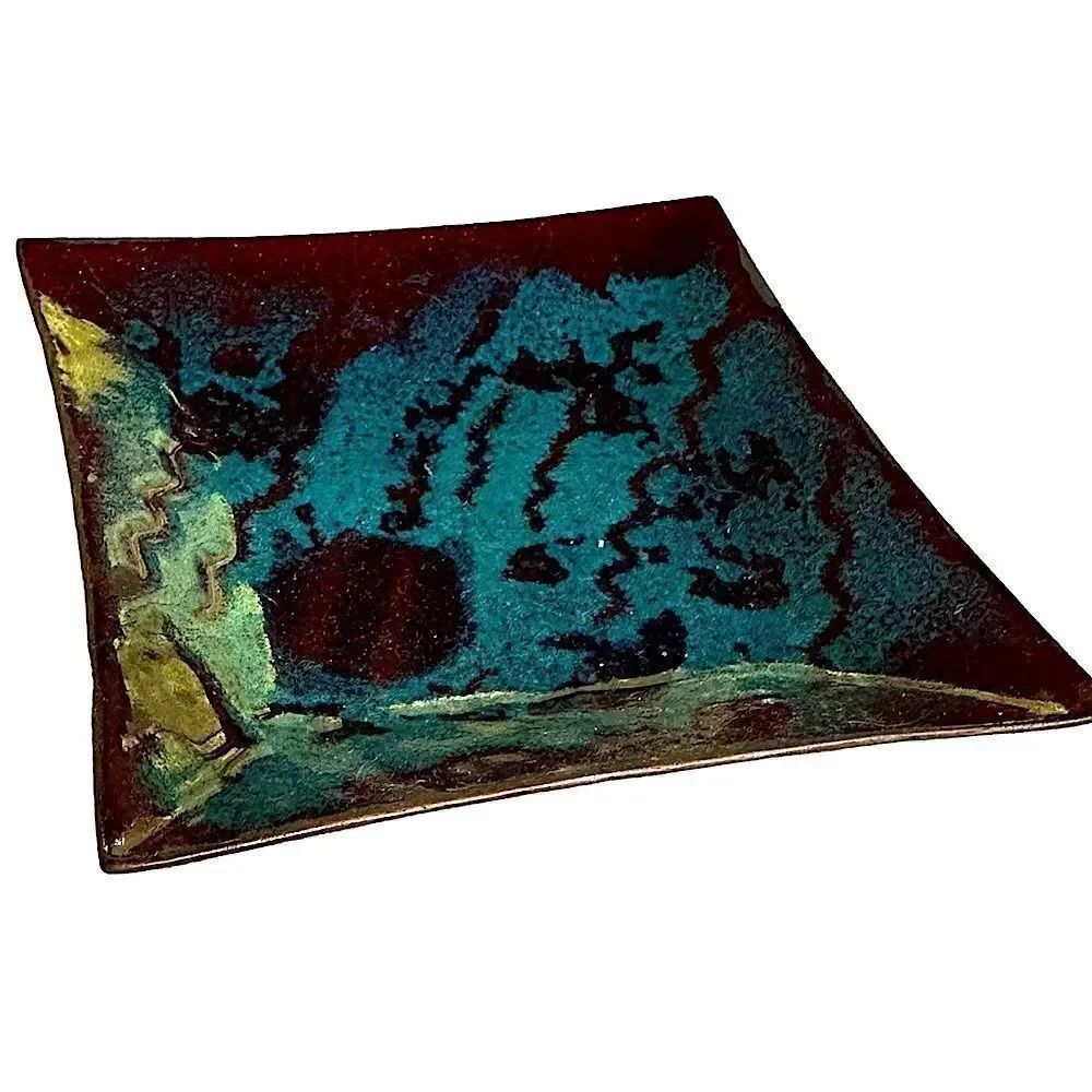 Vintage Turquoise and Brown Abstract Enamel on Copper Trinket Tray.